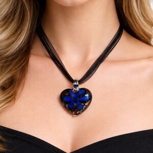 Vintage Murano Art Glass Heart Pendant Necklace Blue Flower On Black Ribbon Cord